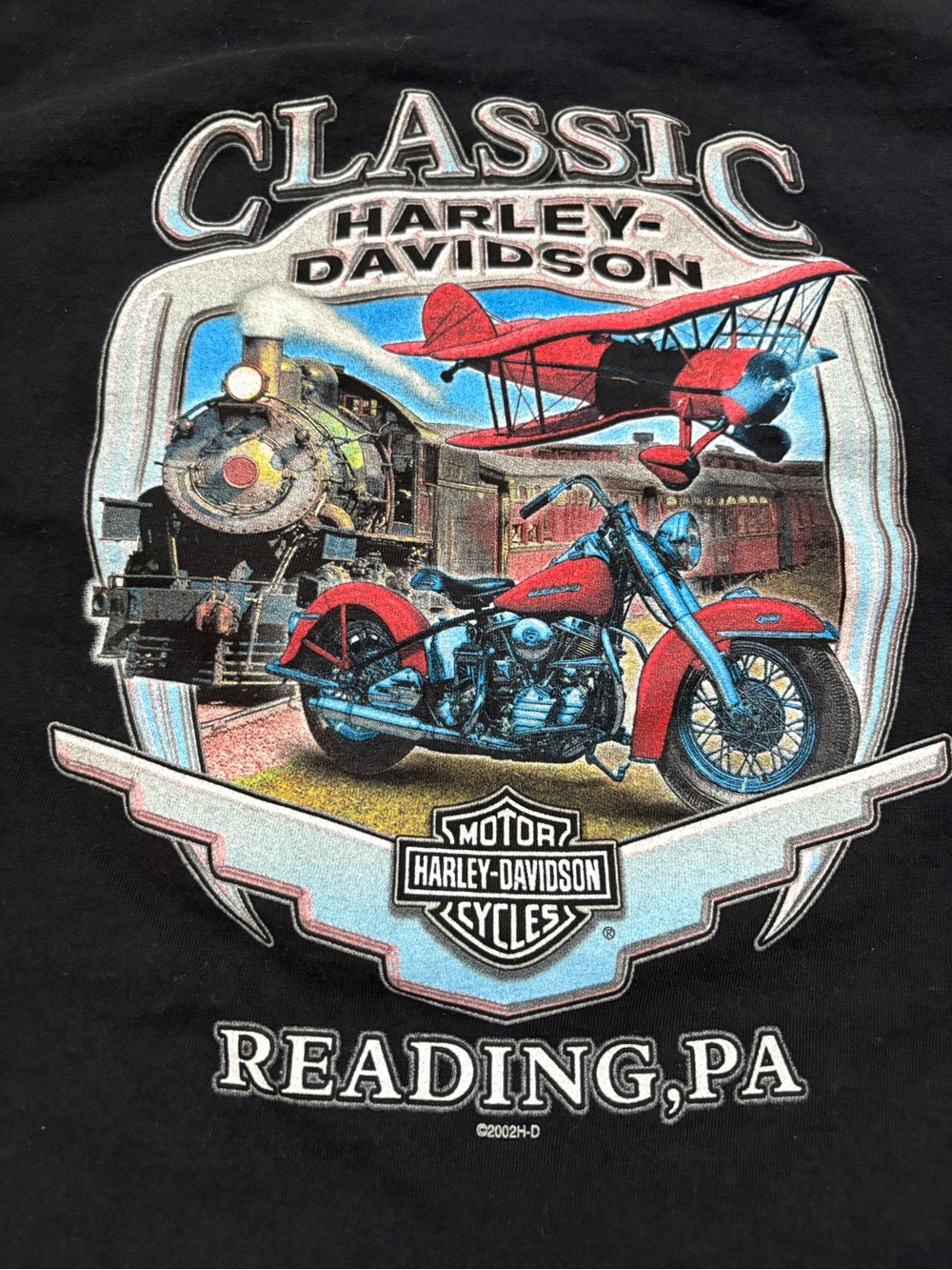 2004 Harley Davidson Reading PA Black Tshirt Women M Double Sided Train Plane